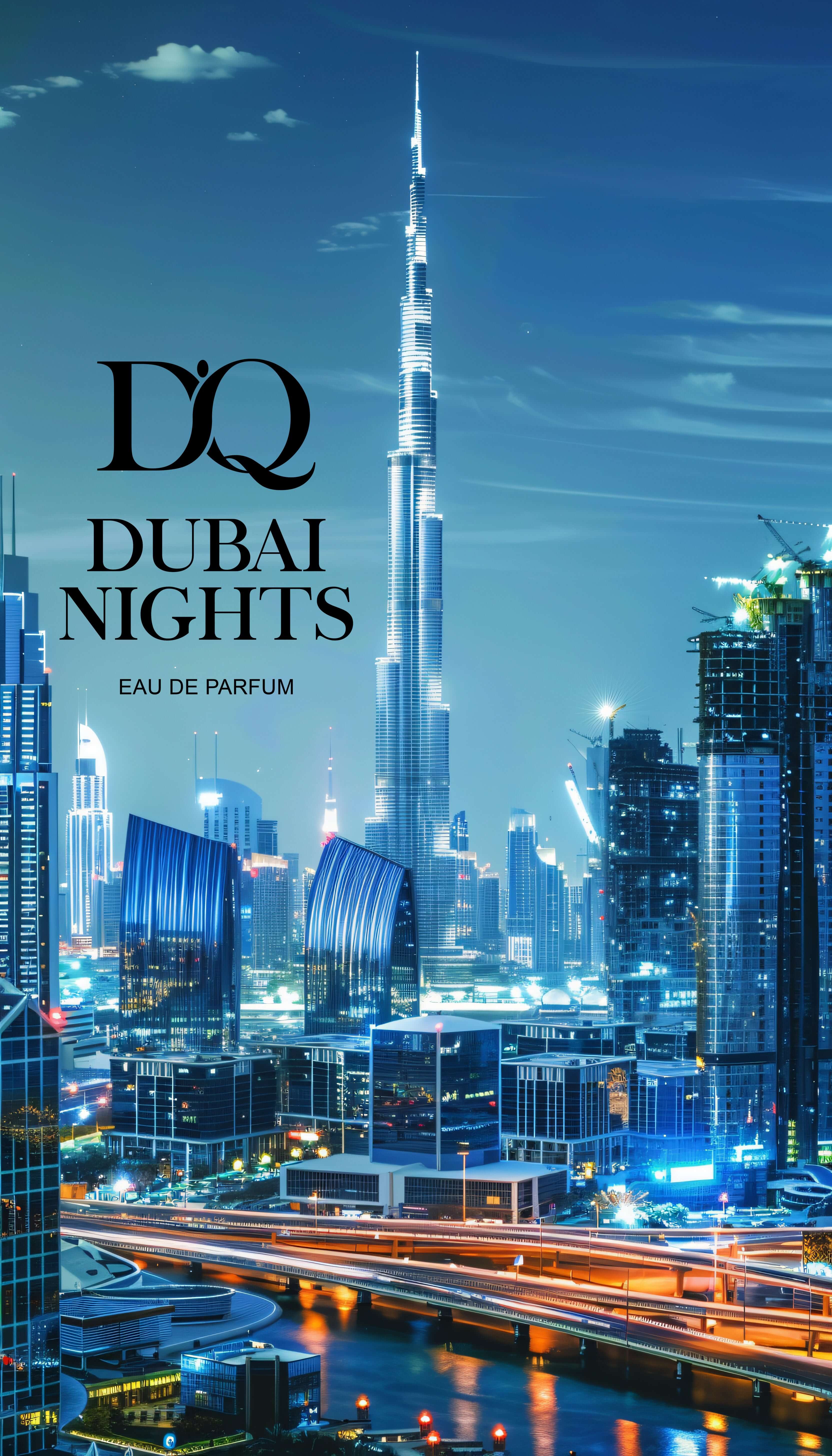 D'QAR Dubai Nights perfume featuring a skyline view of Dubai at night with the Burj Khalifa.