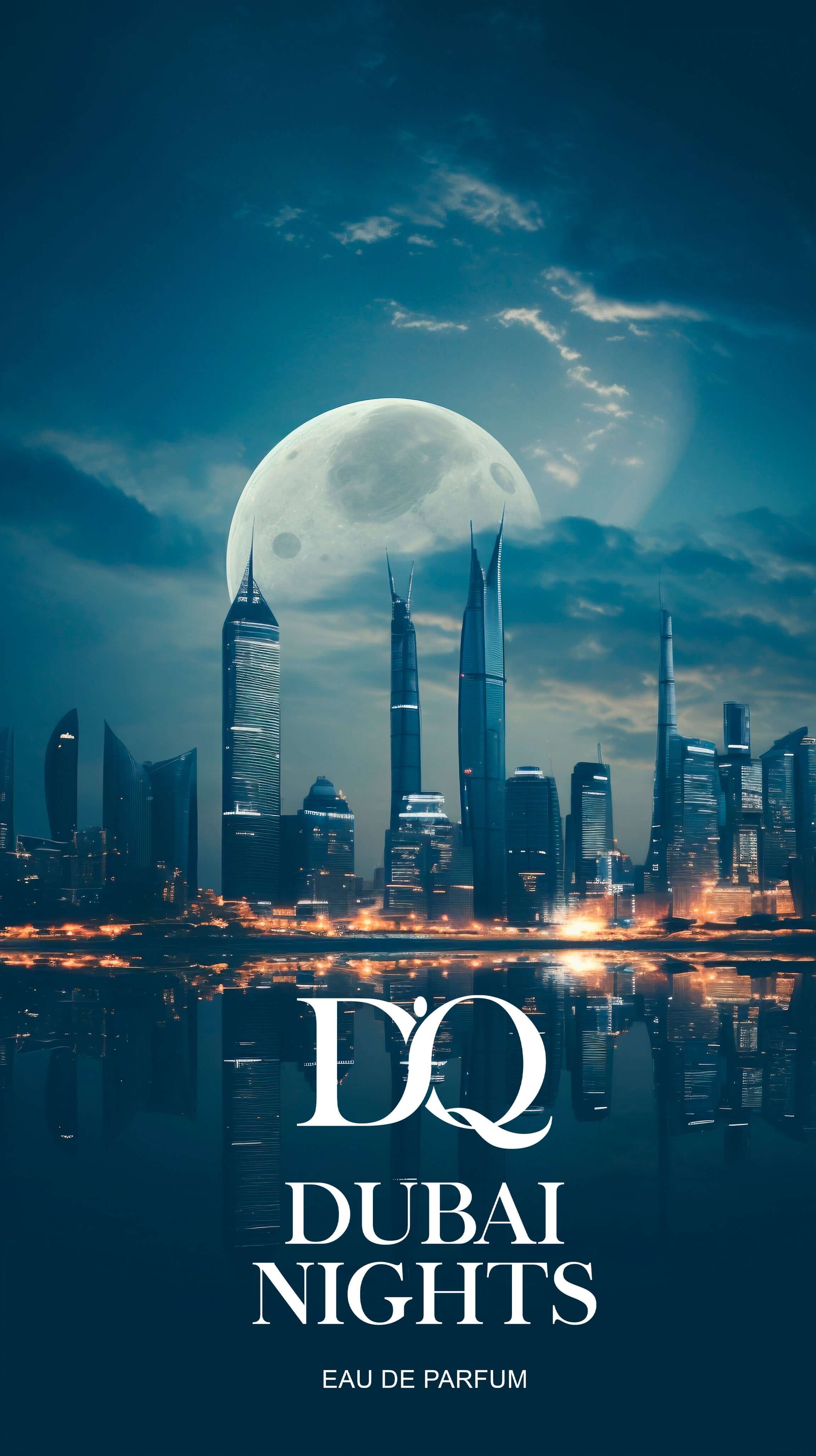 D'Q Dubai Nights eau de parfum showcasing a city skyline with a full moon.