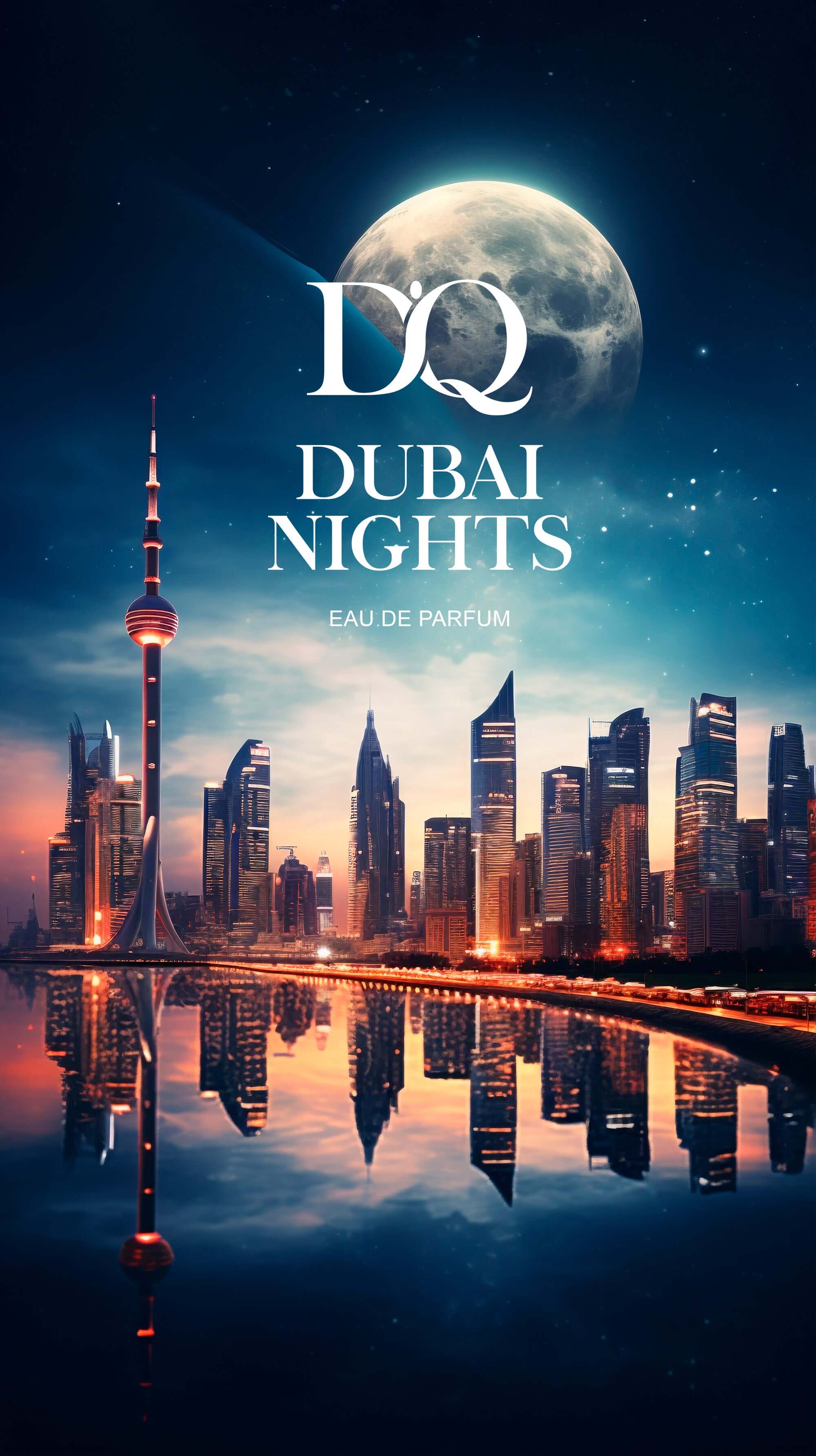 A stunning skyline of Dubai at night featuring D'QAR Dubai Nights Eau de Parfum, illuminated by a full moon.