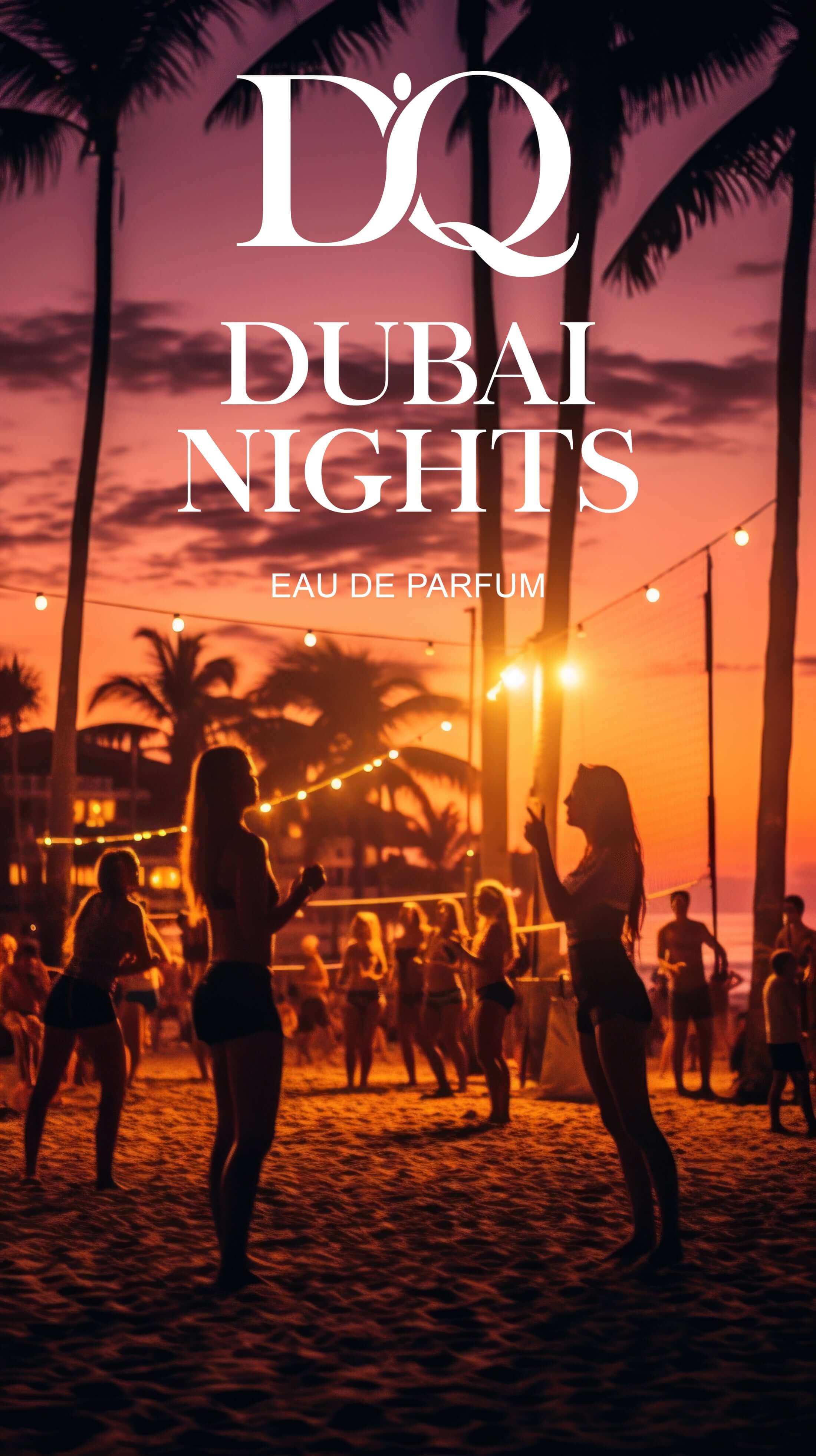 D'Q Dubai Nights eau de parfum featuring a lively beach scene at sunset, capturing the essence of Arabian nights.