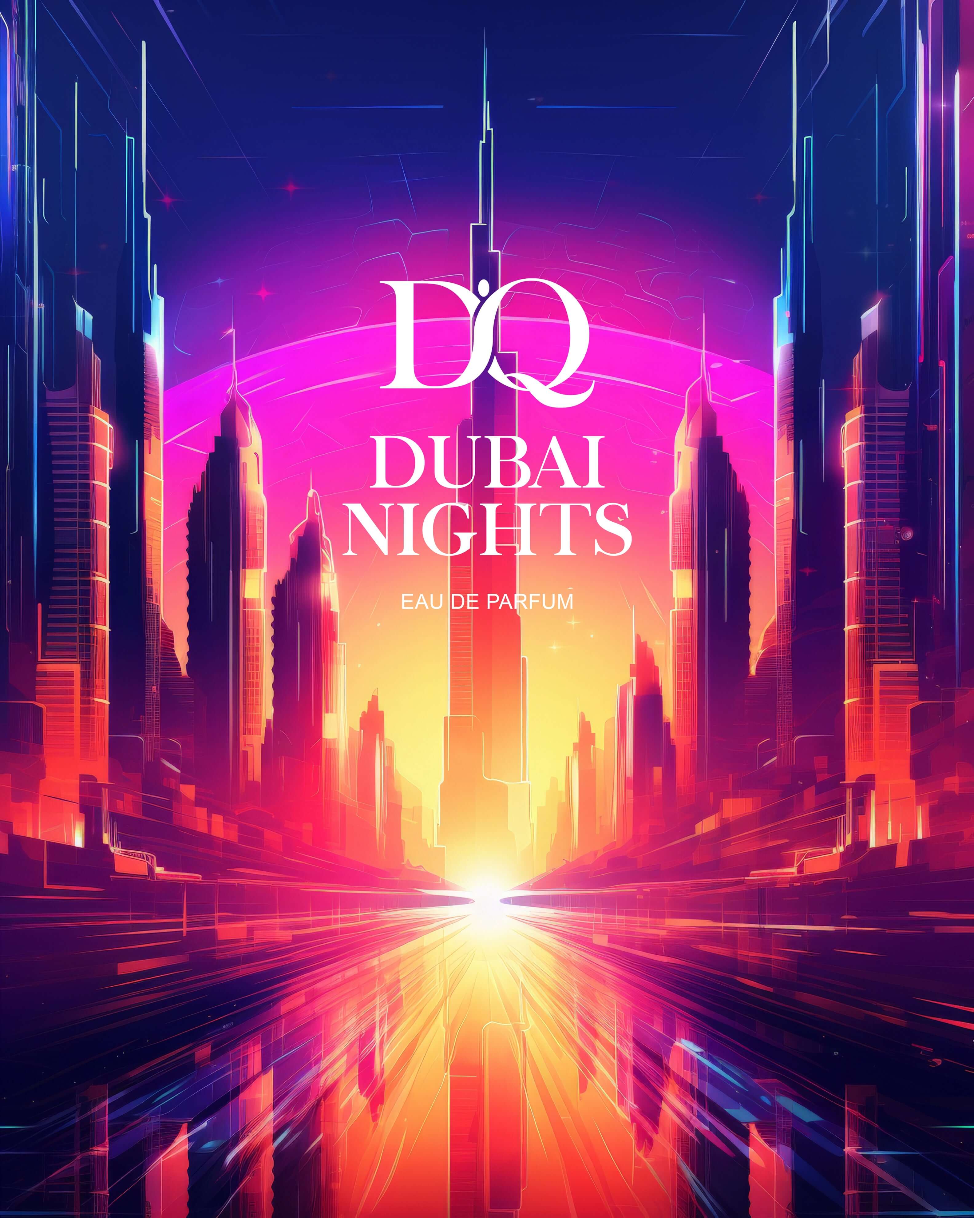 D'QAR DUBAI NIGHTS eau de parfum artwork featuring a vibrant, futuristic city skyline.