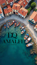 Aerial view of colorful boats in clear waters near Amalfi, showcasing D'QAR AMALFI perfume.
