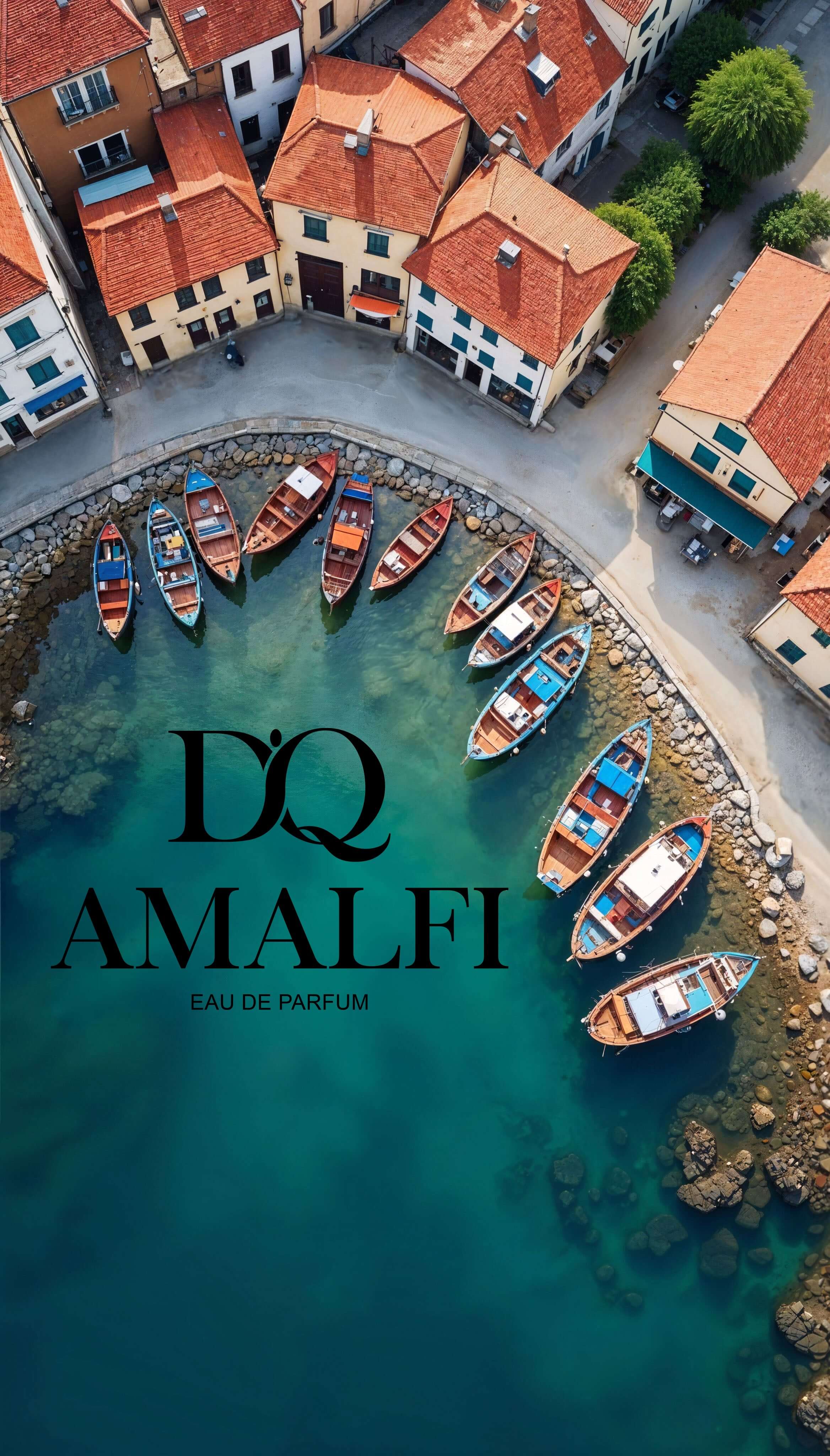 Aerial view of colorful boats in clear waters near Amalfi, showcasing D'QAR AMALFI perfume.