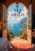 Breathtaking view from a coastal room overlooking the Amalfi Coast, embodying the essence of D'QAR AMALFI perfume.