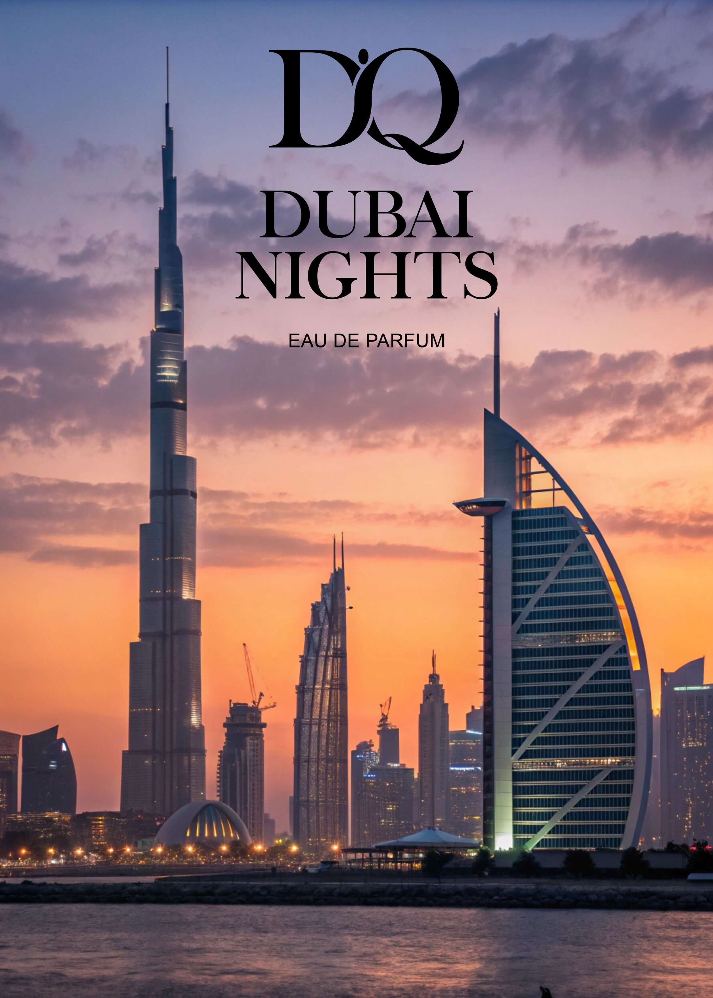 Dubai skyline at sunset featuring Burj Khalifa and Burj Al Arab with 'DUBAI NIGHTS' parfum branding.