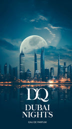 D'Q Dubai Nights eau de parfum showcasing a city skyline with a full moon.