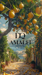 D'QAR AMALFI perfume in a vibrant lemon grove along the Amalfi coast, embodying a fresh summer scent.